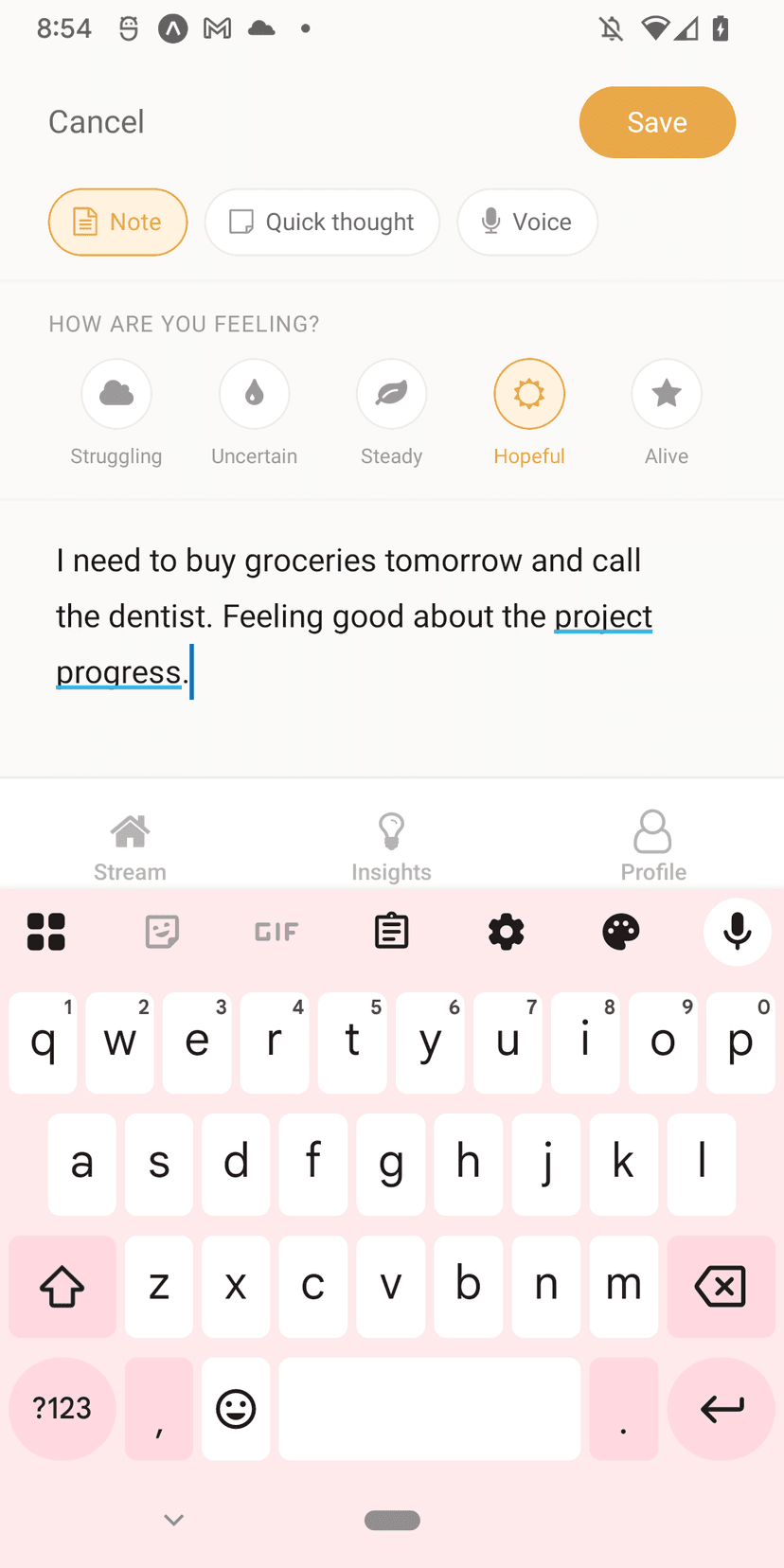Arc journal capture screen for honest daily writing