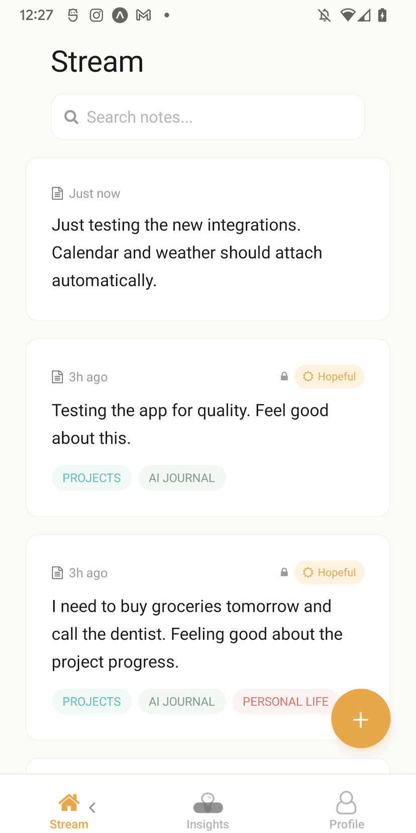 Arc journal stream view showing entries with mood tags and AI reflections